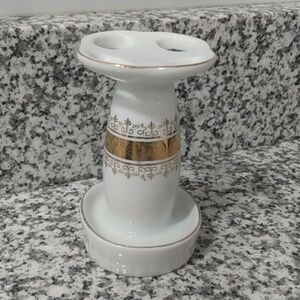 Antique Gold Plate Porcelain Toothbrush or Makeup Holder